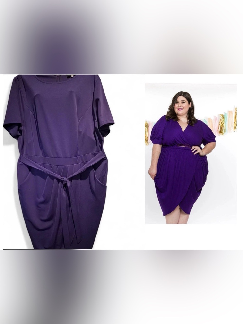 Hanna Nikole Purple Plus Size 20W A-Line Dress Belted Pleated Crew Neck Knee-L